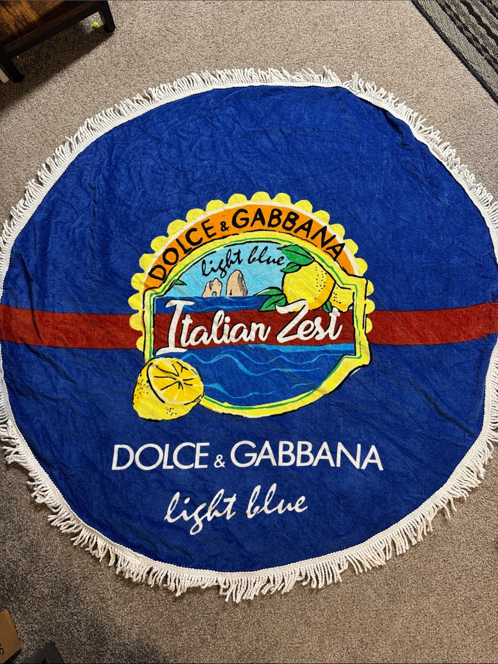 Dolce & Gabbana Blue Round 'Italian Zest' Beach Towel with Yellow Accents